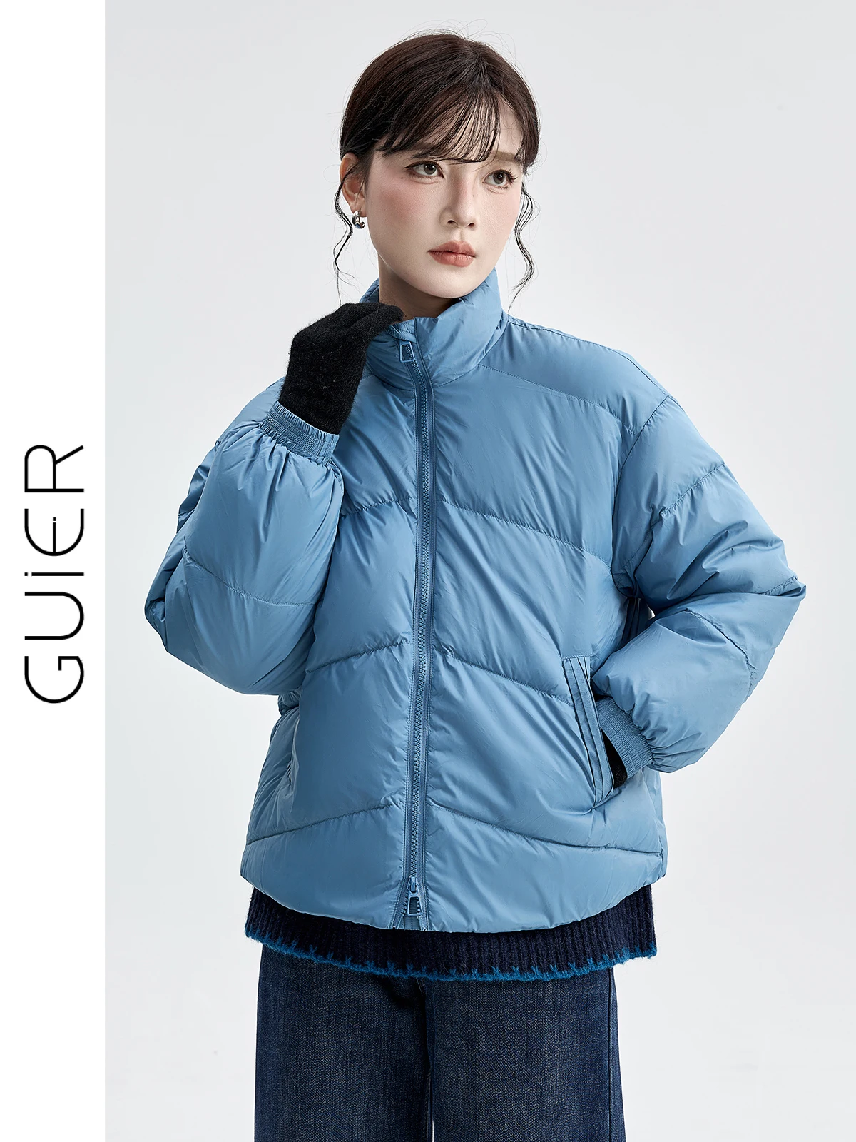 

Guier Women's ort Puffer Jaet Stand Collar Double Zipper White Du down Warm Faionable Winter Outerwear Casual Sle