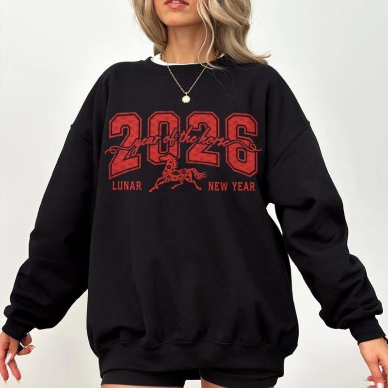 

Китайский конь 2026, лунный новогодний наряд, вечерние осенне-зимние толстовки, винтажный университетский пуловер с надписью, эстетический пуловер