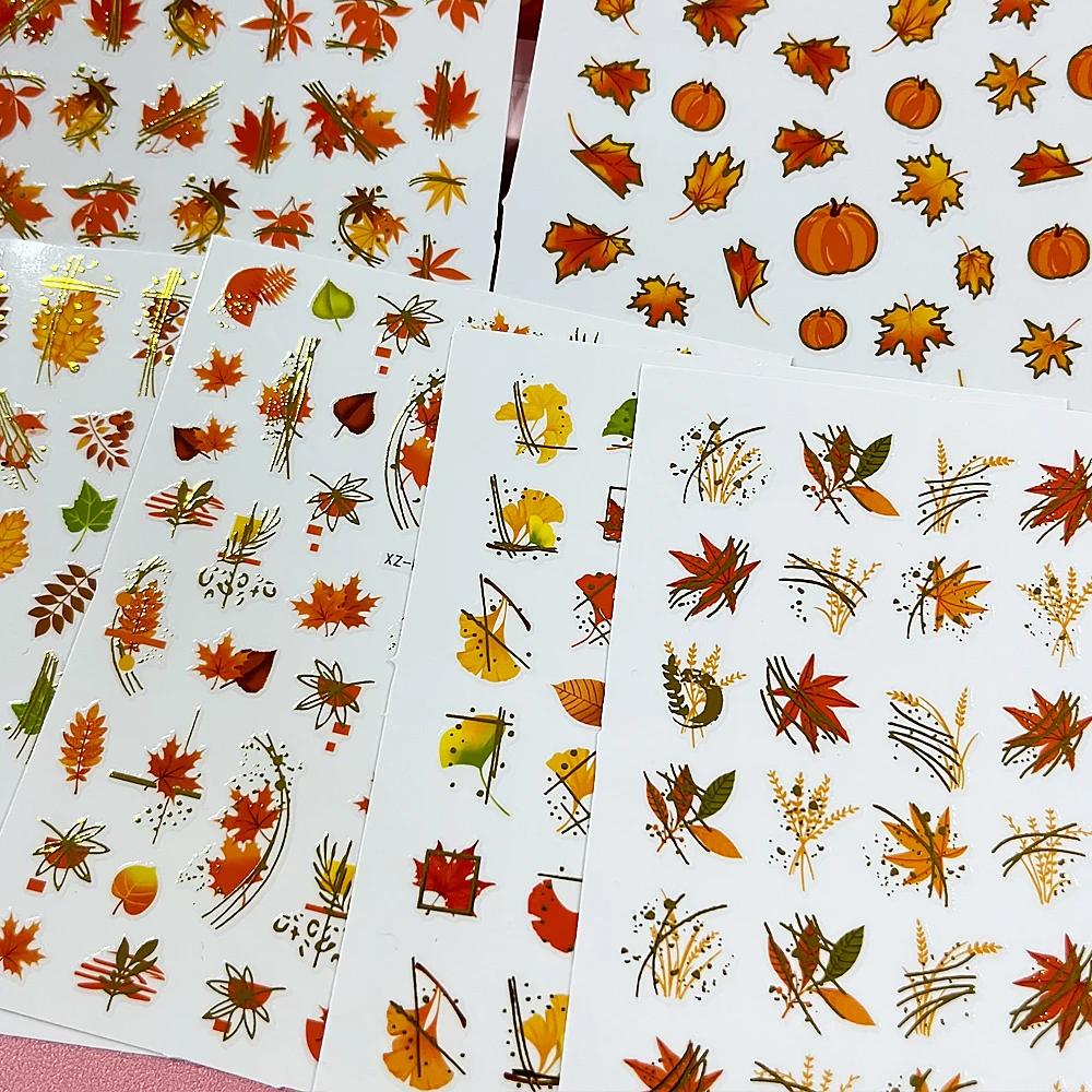 Juego de 6 hojas de pegatinas 3D de hoja de arce para uñas, autoadhesivas, hoja de otoño, Ginkgo Biloba, calabaza, calcomanías para decoración de uñas, pegatinas de láminas Y2K