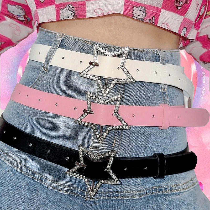 

Y2K Trendy Spicy Girl Pink PU Leather Belt Metal Fashion Buckle Five-point Star Full Drill Waistband Women Bridal Sash Belt