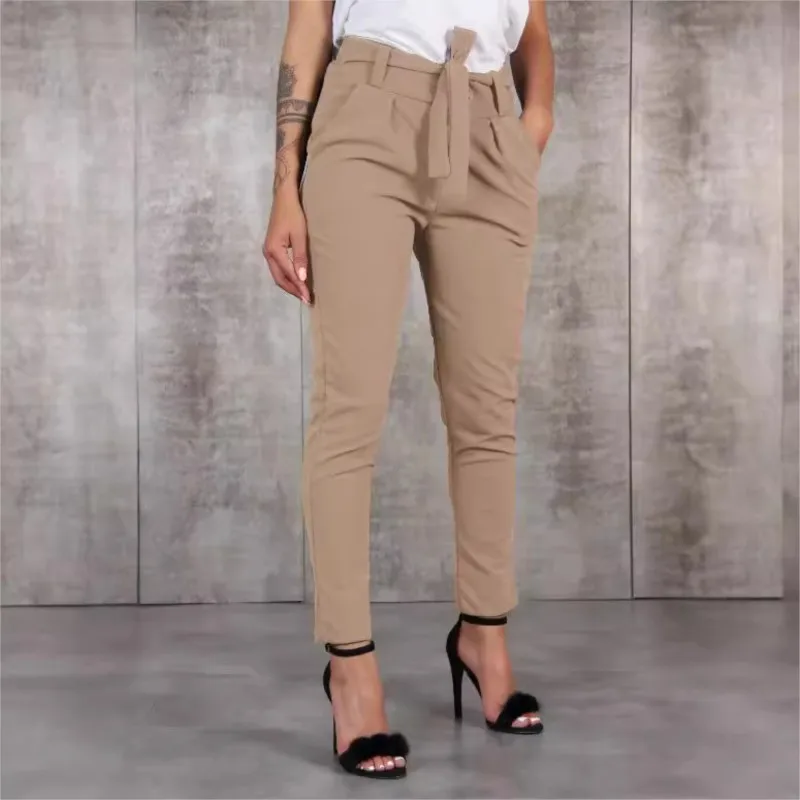 Spring Summer Autumn Casual Slim Thin Pants For Women Chic Elastic Waist Tie Black Khaki Green Pants Woman Fashion Trousers 2024