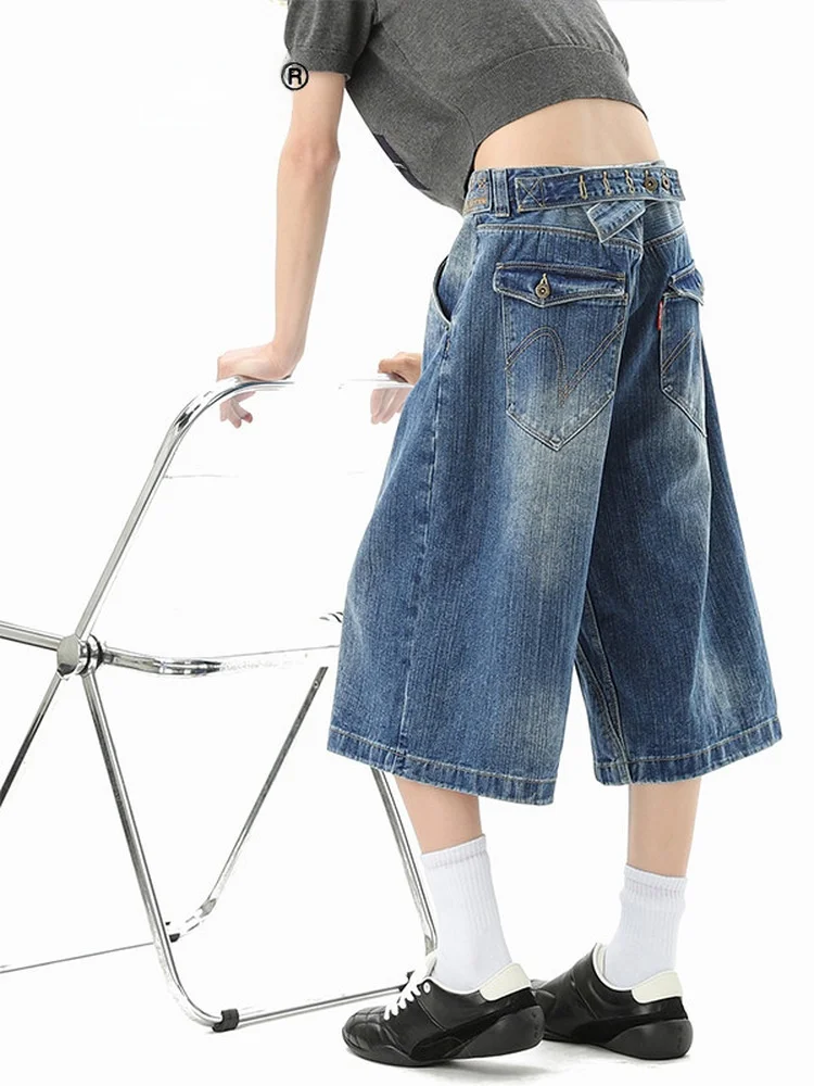 

Washed American Style Bamboo Texture Paris Button Denim Seven-Foot Pants Unisex Summer Heavyweight Loose Short Design Sensati...