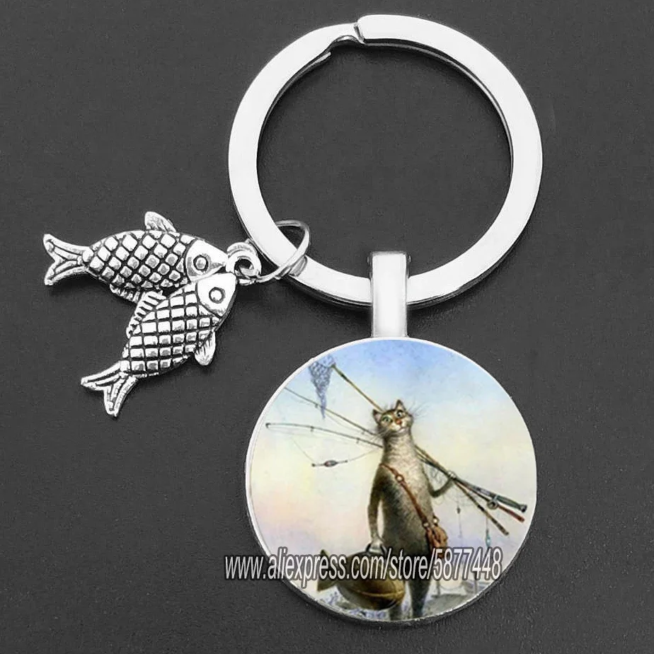 Naughty Cat and Fish Glass Pendent Keychain Cute Cat Who Wants To Eat Fish Key Rings for Women and Cute Girl