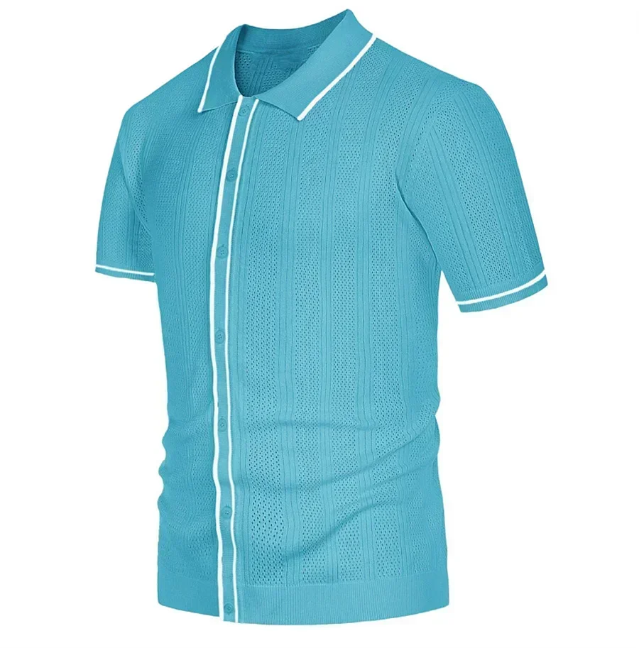 Polo da uomo lavorata a maglia abbottonata di lusso Casual Streetwear Top a maniche corte a righe tinta unita retrò Maglieria con risvolto Abbigliamento maschile