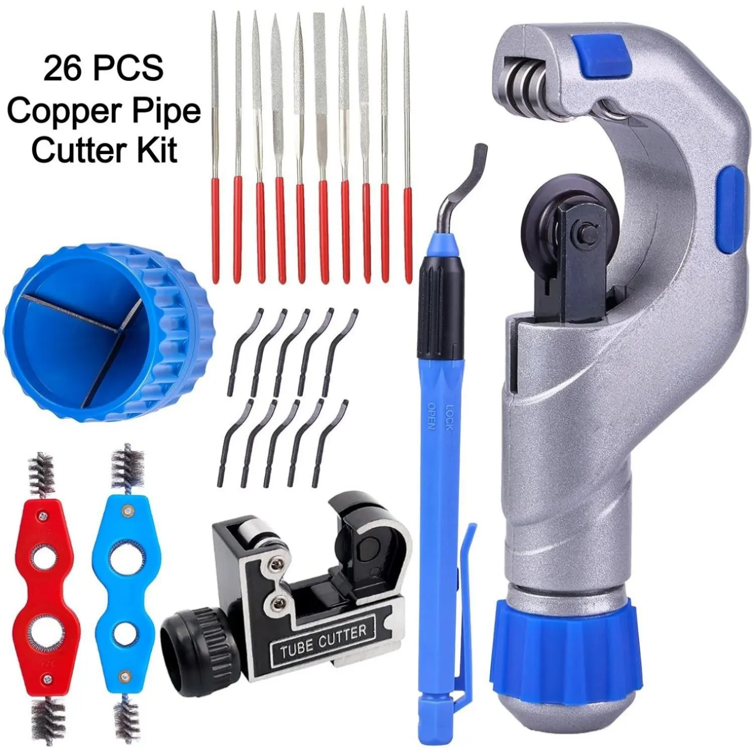 26PCS Copper Pipe Cutter Kit with Pipe Cutter Mini Tube Cutter Deburring Tool Pipe Reamer Needle File Set Battery Cleaning Brush