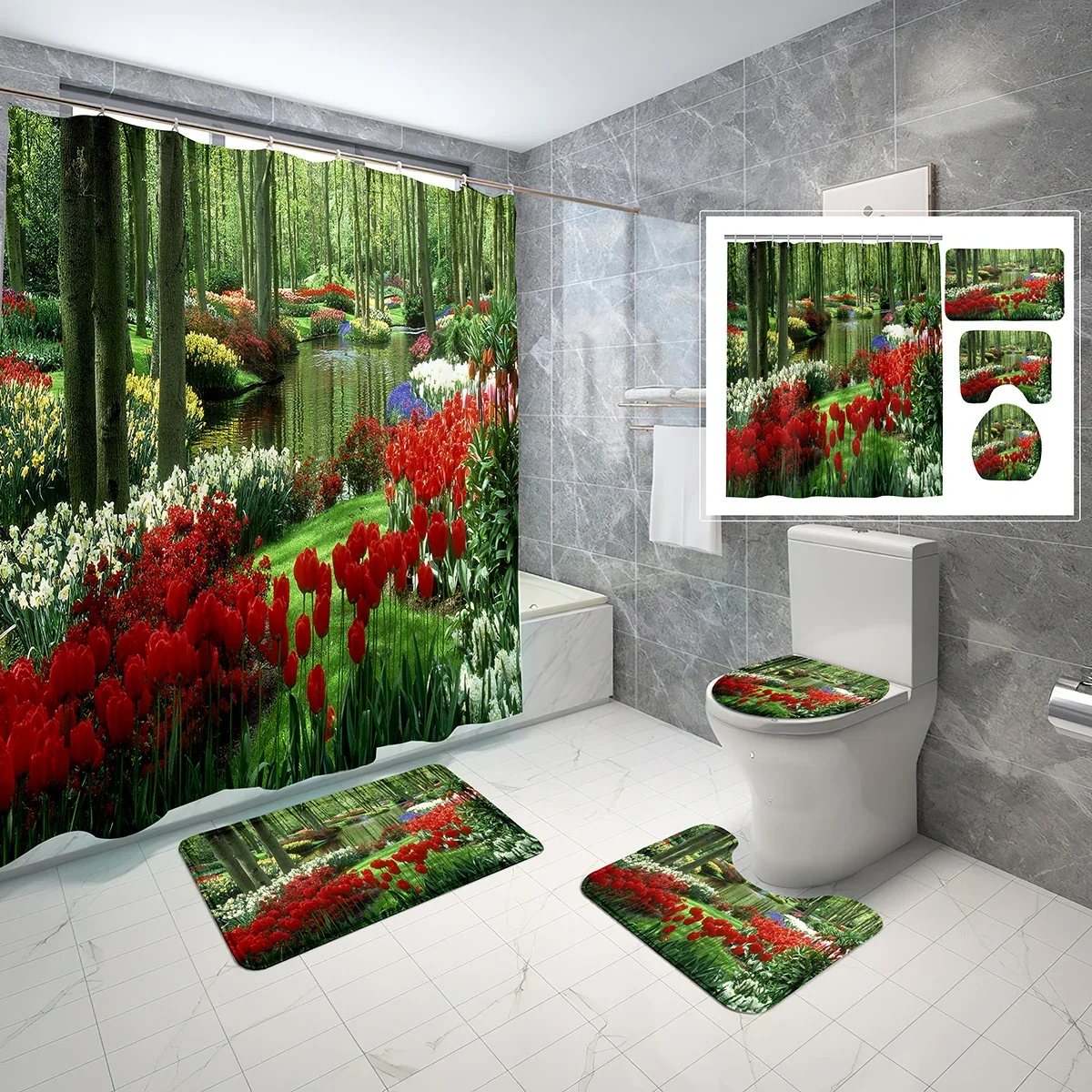 4 Pcs Garden Landscape Shower Curtain Set with Toilet Lid Cover,Non-Slip Bath Mat,Spring Colorful Flowers Shower Curtain Set