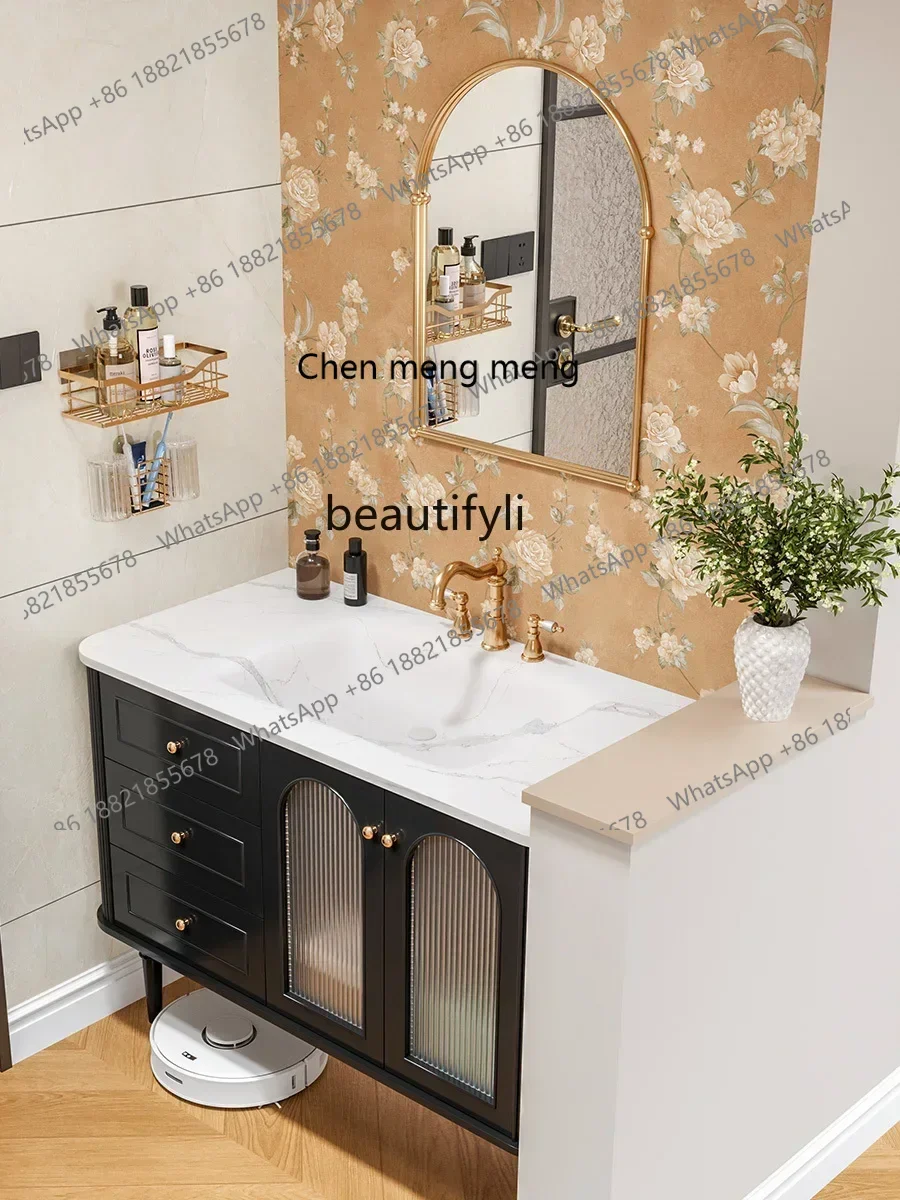 M182 1Natural Luxury Stone Ceramic Drop-in Sink French Rubber Wood Bathroom Cabinet Combination Bathroom Table Washbasin