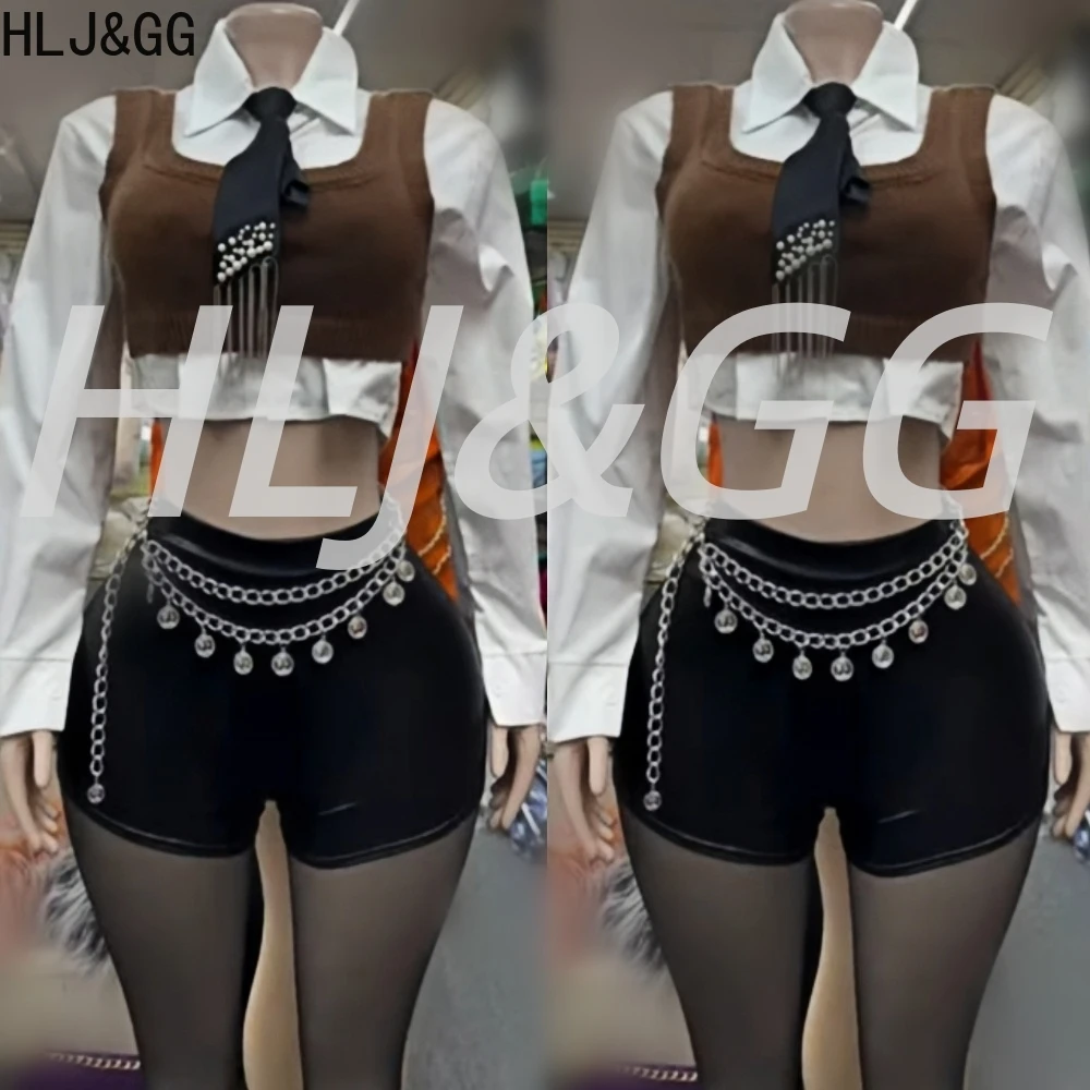 

HLJ&GG Fashion Knit Sweater Tank Top Shirts Two Piece Sets Women Lapel Long Sleeve Top And Leather Shorts Outfits Y2K Streetwear