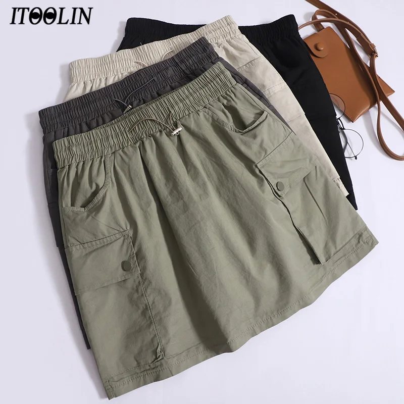 

ITOOLIN Casual Women High Waist A-line Bodycon Skirt Summer Vintage Drawstring Skirts With Pocket For Women Office Mini Skirt