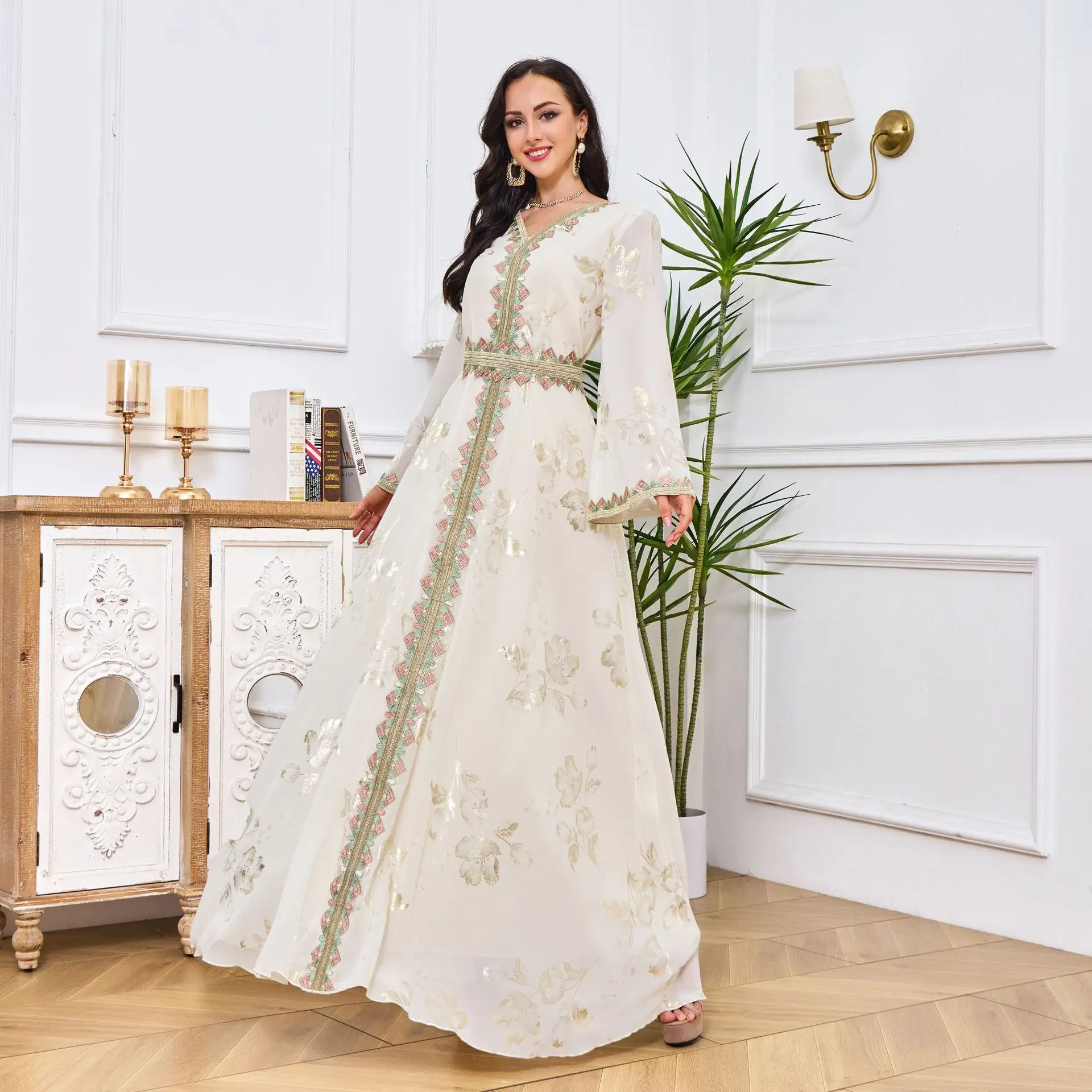 Abito da festa musulmano per donna Abito in pizzo con cintura ricamata con stampa oro Ramadan Dubai Elegante matrimonio Abaya Moda abbigliamento islamico