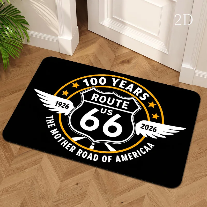 Vintage Road Trip Theme Floor Mat – Abstract Highway Shield & Star Print Polyester Rug for Entryway | Non-Slip, Machine Washable