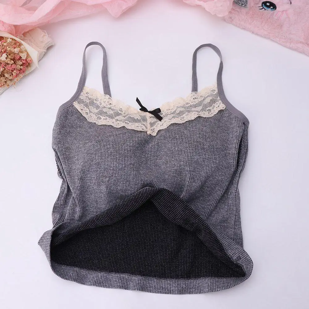 Fashion Lace Bow Vest Camisoles with Chest Pads Y2K Tank Top Knitting Sleeveless Suspender Vest Spring & Summer