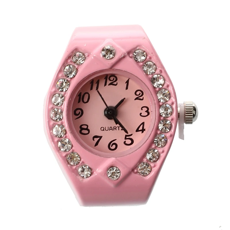 Women Pink Alloy Quartz Pocket Finger Ring Watch Rhinestone Round Dial