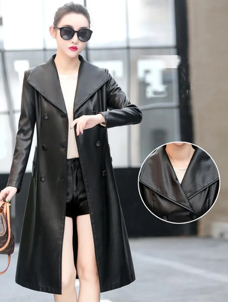 Genuine Leather Women Sheepskin Coat Spring Autumn Fashion Double Breasted Long Jacket Sheep Leather Overcoat Suede Outerwear