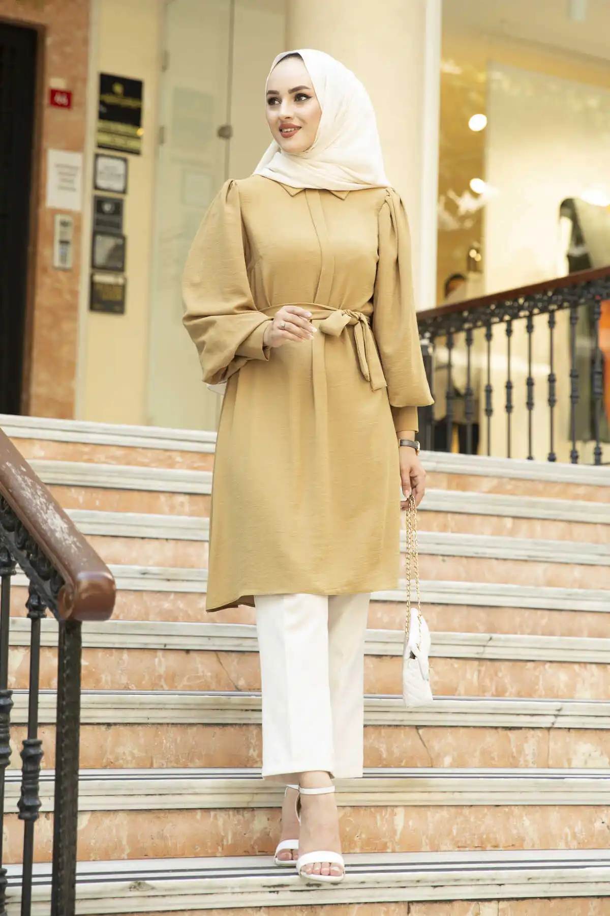 Balloon Sleeve Belted Tunic Camel