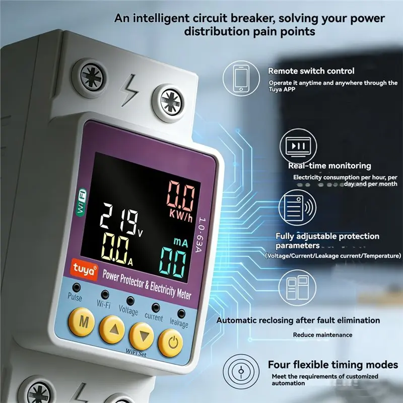 Smart Life Circuit Breaker Tuya Voltage Relay 220V Leakage Protection Timer Wifi Over Current MCB 63A Power Meter