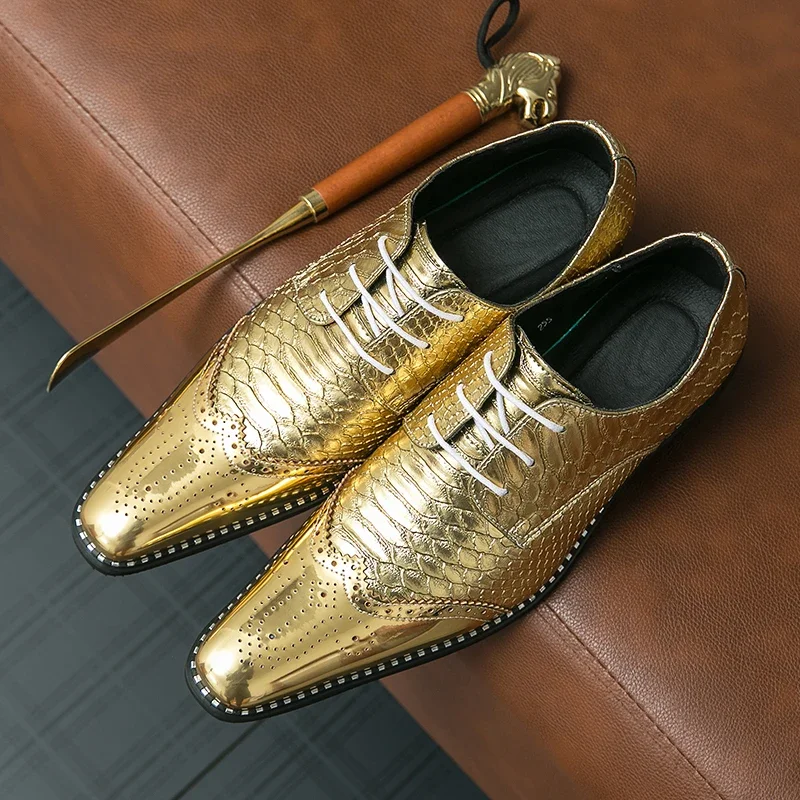 

New Gold Brogue Shoes for MenMetallic Wind Square Toe Lace-up Wedding Shoes for Men Size 38-46 Mens Shoes