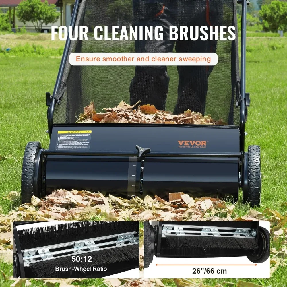 Empurre Lawn Sweeper, coletor de folhas e grama, rodas de borracha forte, Heavy Duty, aço espessado, durável, 26"