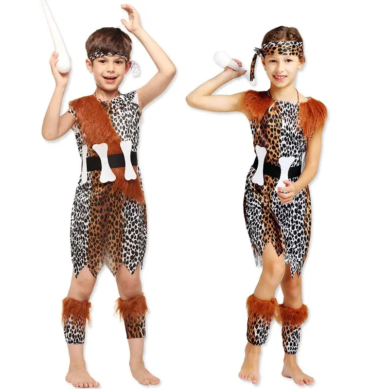 Kids Child Historical Stone Age Caveboy Cavegirl Costume Cave man Primitive Cosplay for Boys Girls Halloween Costumes