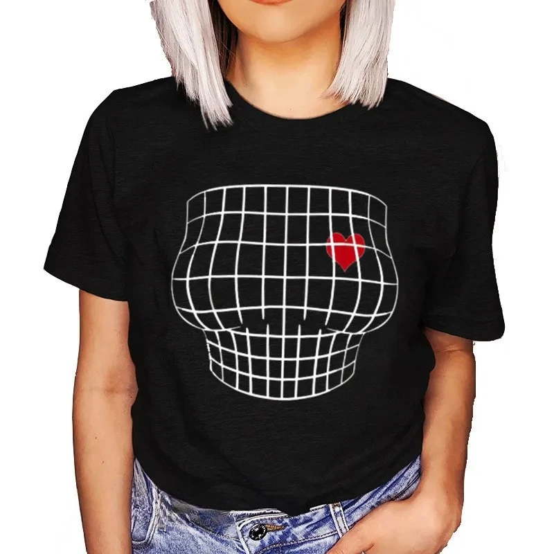 Women's Optical Illusion T-shirt with Humorous Large Bust Print, Harajuku Style T-shirt, Black Gothic Style Top.graphic T Shirts