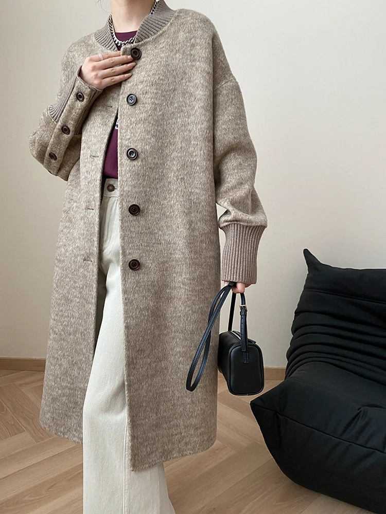 [EAM] Camel 68.5% Wool Big Size  Woolen Coat New Stand Collar Long Sleeve Women Jacket Fashion Tide Autumn Winter 2024 1DH7554