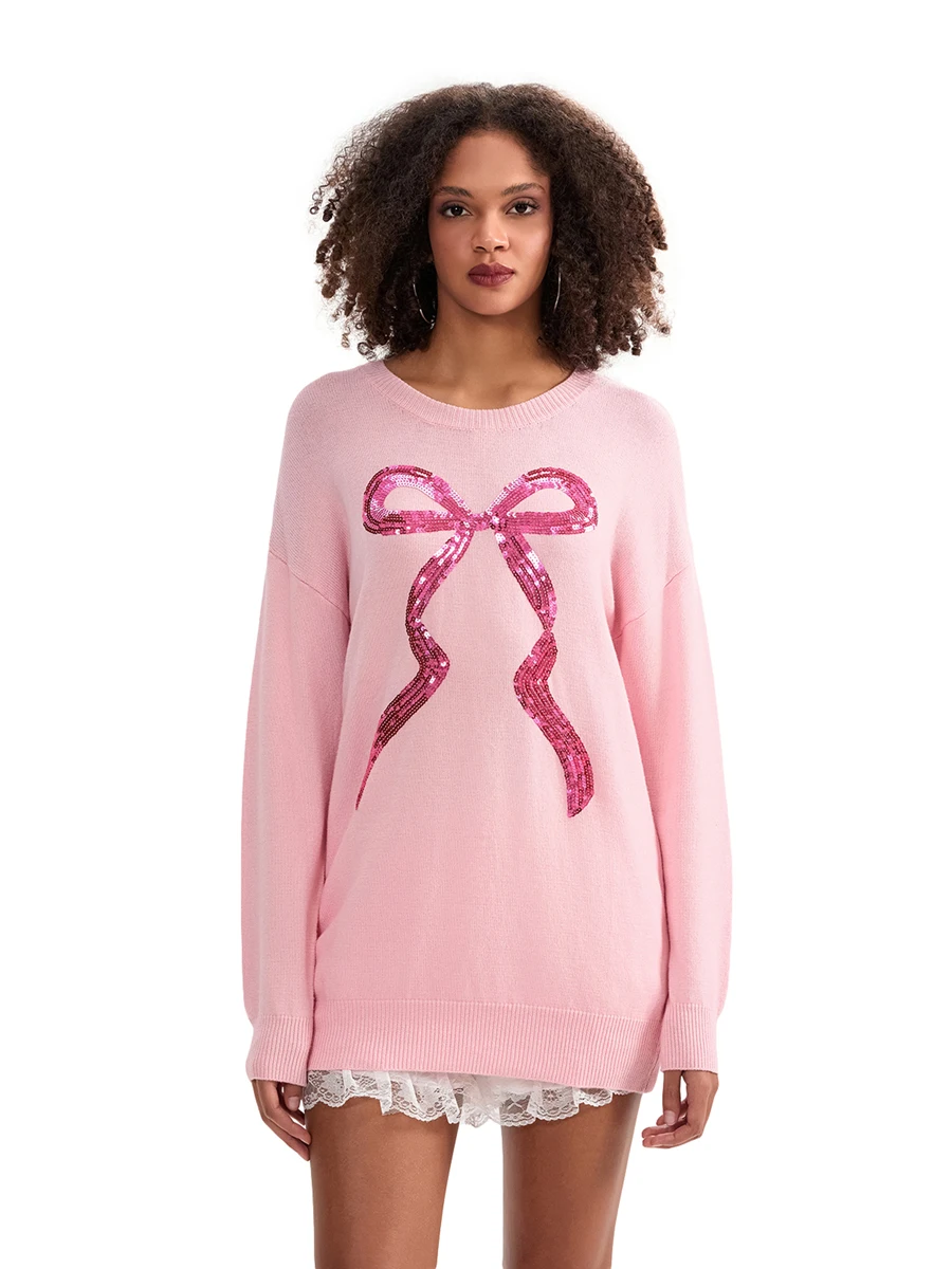 Women s Cozy Knit Sweater with Long Sleeves and Adorable Bow Print Detail Perfect for Autumn and Winter Casual Wear