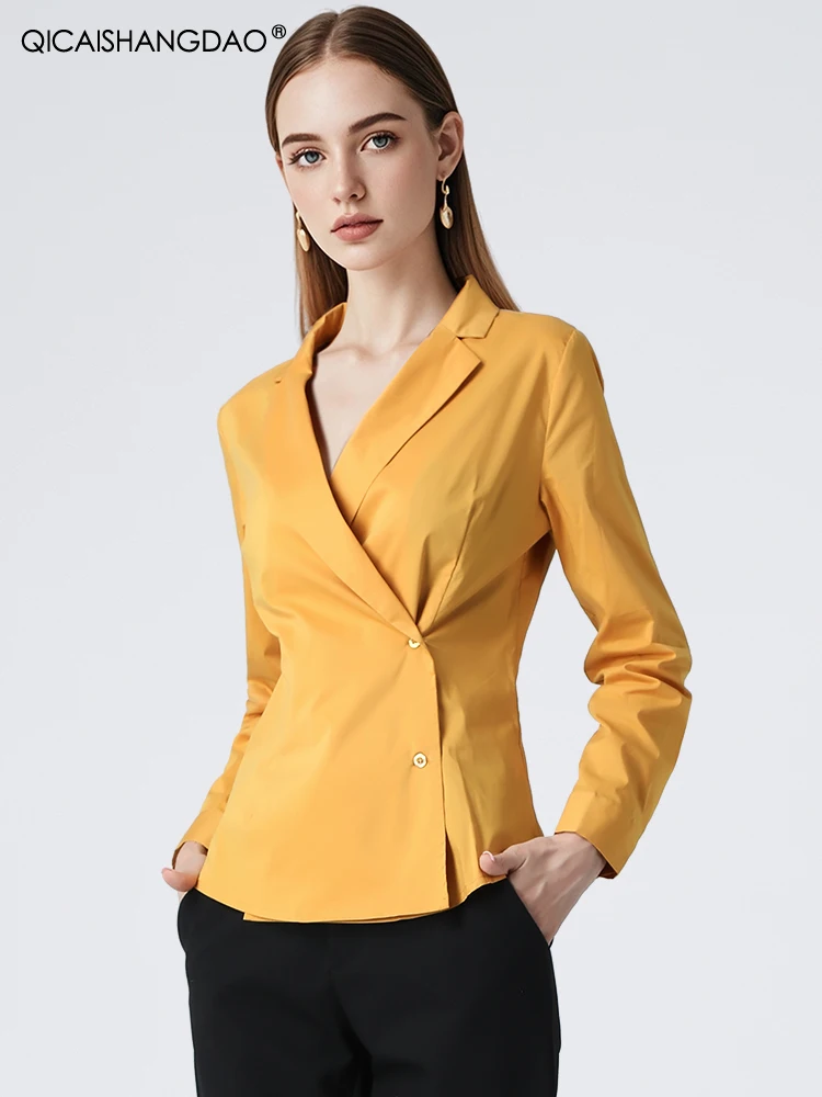 Elegante camicia Skinny da donna in cotone manica lunga con scollo a v asimmetrico Button-down top 2024 autunno inverno nuovo ufficio camicette da