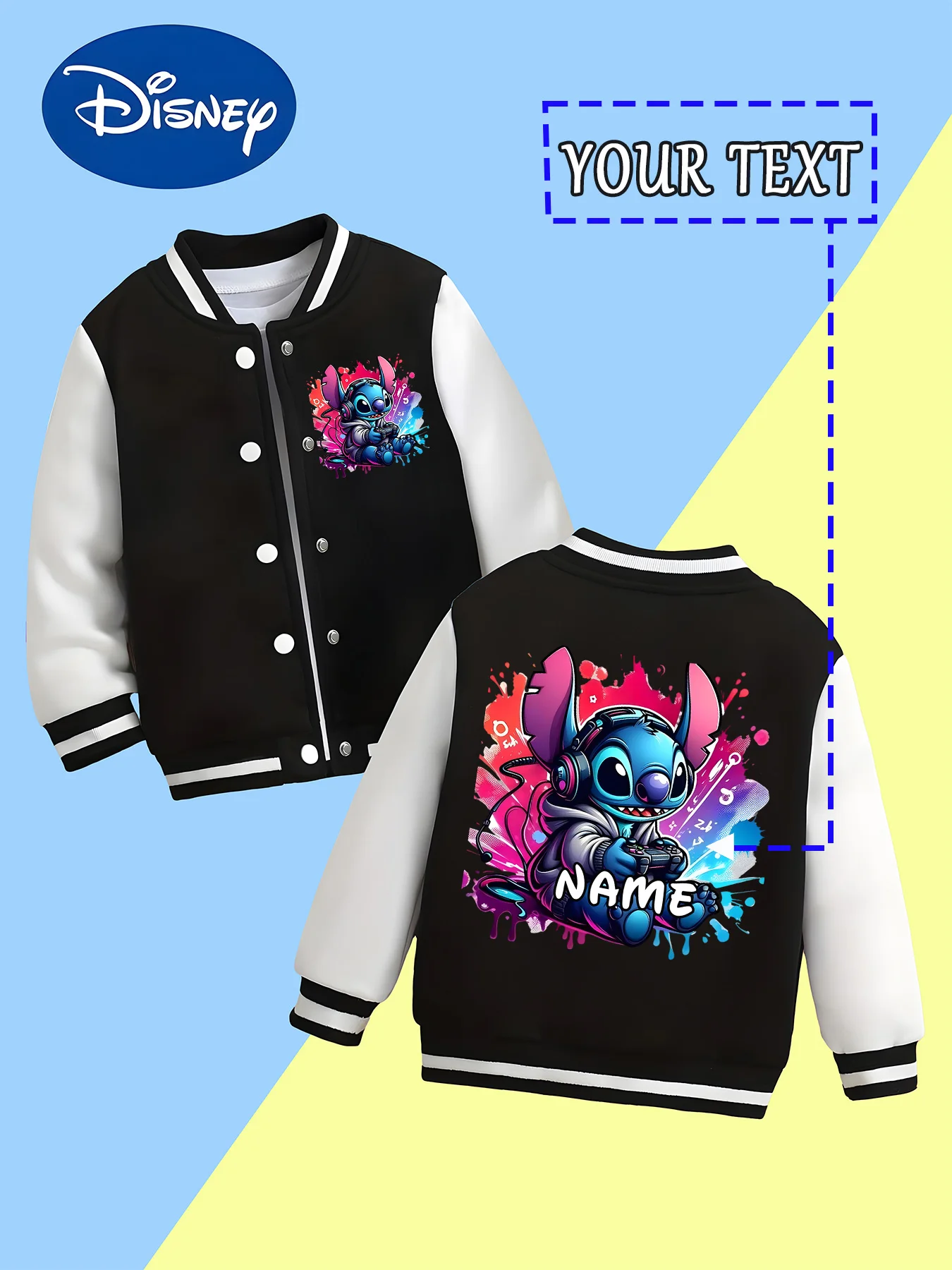 

MINISO Disney Esports Stitch Boys Baseball Jacket - Stitch transforms into an esports player, and "NAME" customizes this stylish