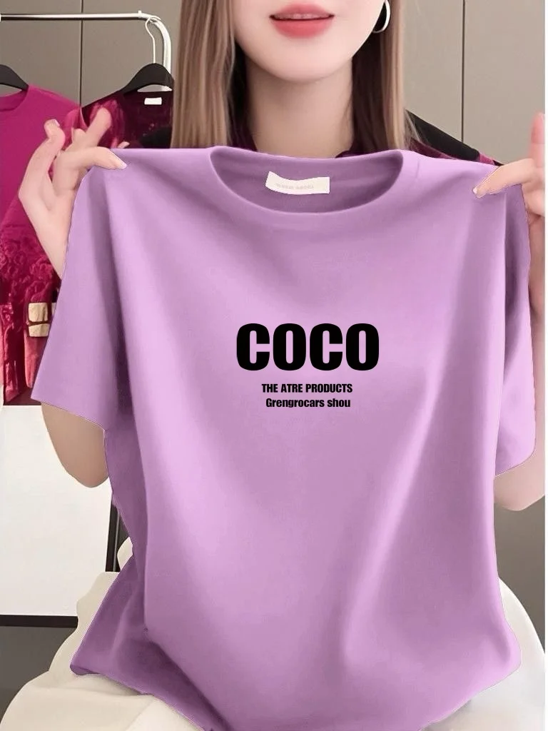 

Fashionable Printed Short Sleeve T-Shirt Women's Loose round Neck Versatile Slimming Mommy Casual Top Comfortable Polyester