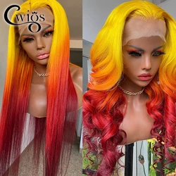 Pelucas frontales de encaje 13x4 sintéticas transparentes sin pegamento de color amarillo rojo ombré ondulado para mujeres prearrancadas Drag Queen Cosplay