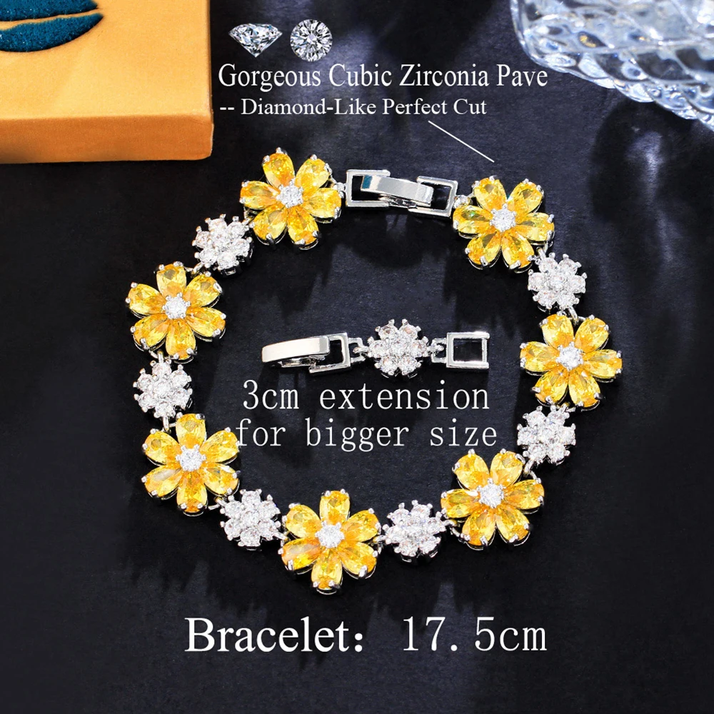 BeaQueen Shiny White Gold Plated Green Yellow Flower CZ Crystal Charm Bracelets for Women Luxury Wedding Engagement Jewelry B255