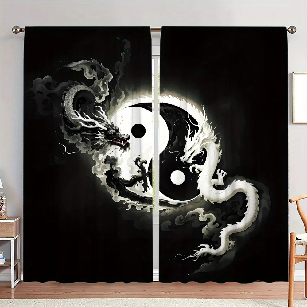 Yin Yang Dragon Print Curtains, Chinese Mythology Blackout Drapes for Living Room, Oriental Zen Home Decor Window Treatment