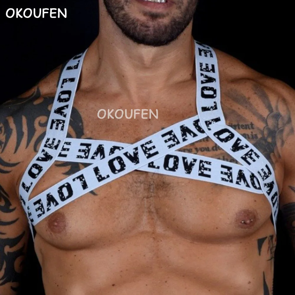 Sexy Letters Printed Rope Fitness Men's Elastic Bandage Muscle Binding Chest Strap Stage Party Performance Equipment