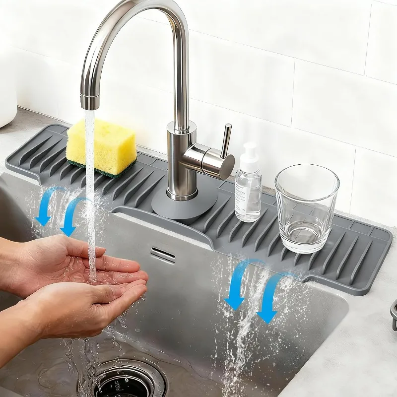 Silicone Faucet Mat Kitchen Sink Splash Guard with 8° Slope Design Quick Drain Faucet Mat, Snap-On Fixation Splash Catcher Tool