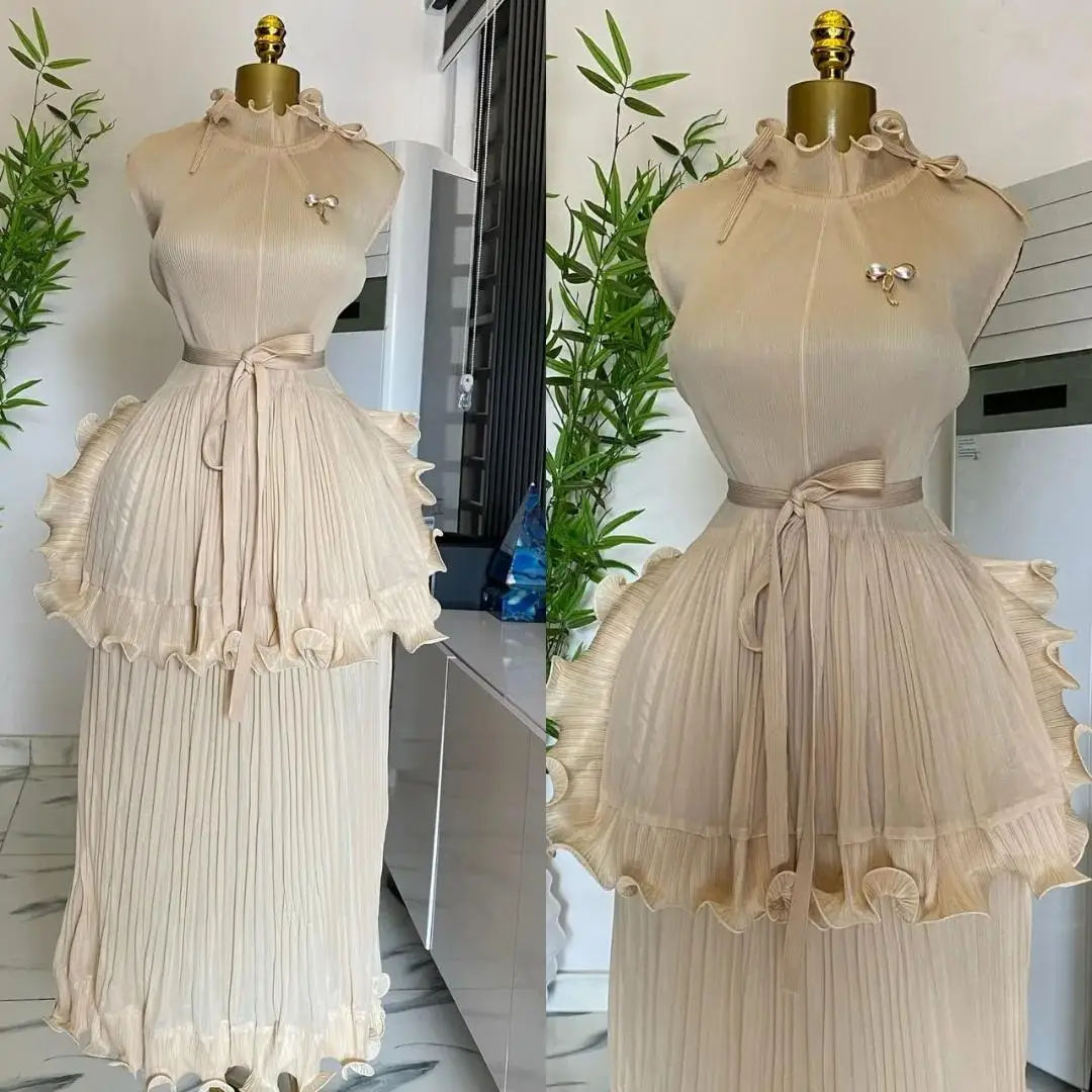 EGRM 2025 Zomer Nieuwe Geplooide Jurk vrouwen Solid Mouwloze Ruches Kanten Onderkant Rok met Riem Mode Vrouwelijke Jurken 9R5618