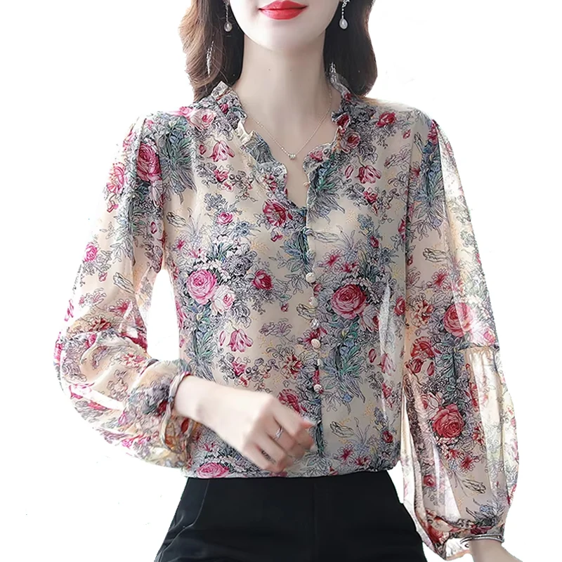 

2025 Spring Autumn Women Blouse New Elegant Fashion Lantern Sleeve Flroal Printed Tops Ruffles Collar OL Chiffon Shirt