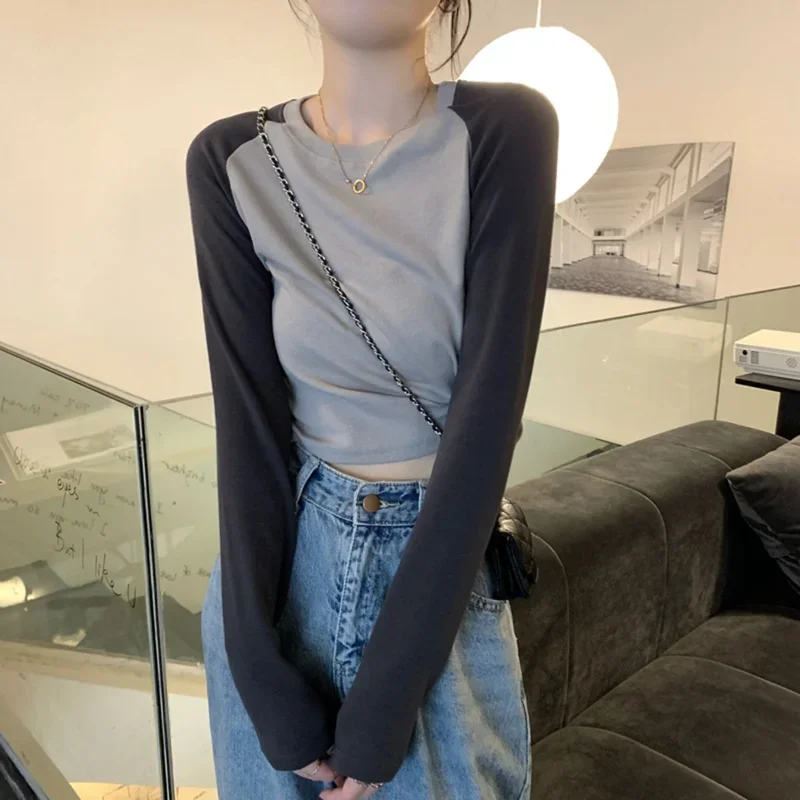 T-shirts Women Panelled Autumn Fashion Ulzzang Patchwork Slim Ins Popular Retro Inside Casual Streetwear Soft Harajuku All-match