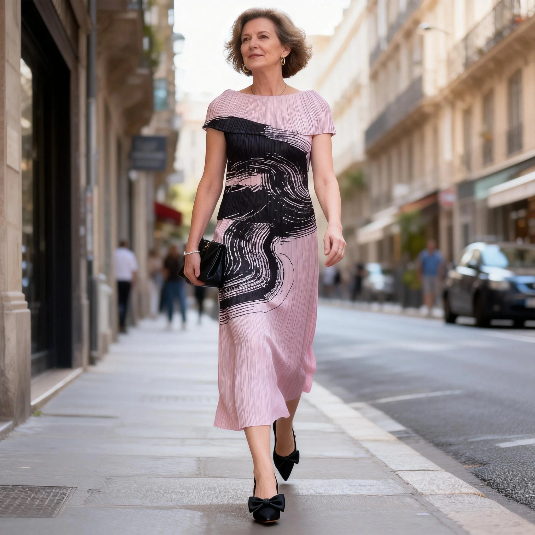 

Miyake High-End Pleated Women's Two Piees Set Summer New One-Shoulder Chic Slimming Printed Short Sleeve Top and Skirt