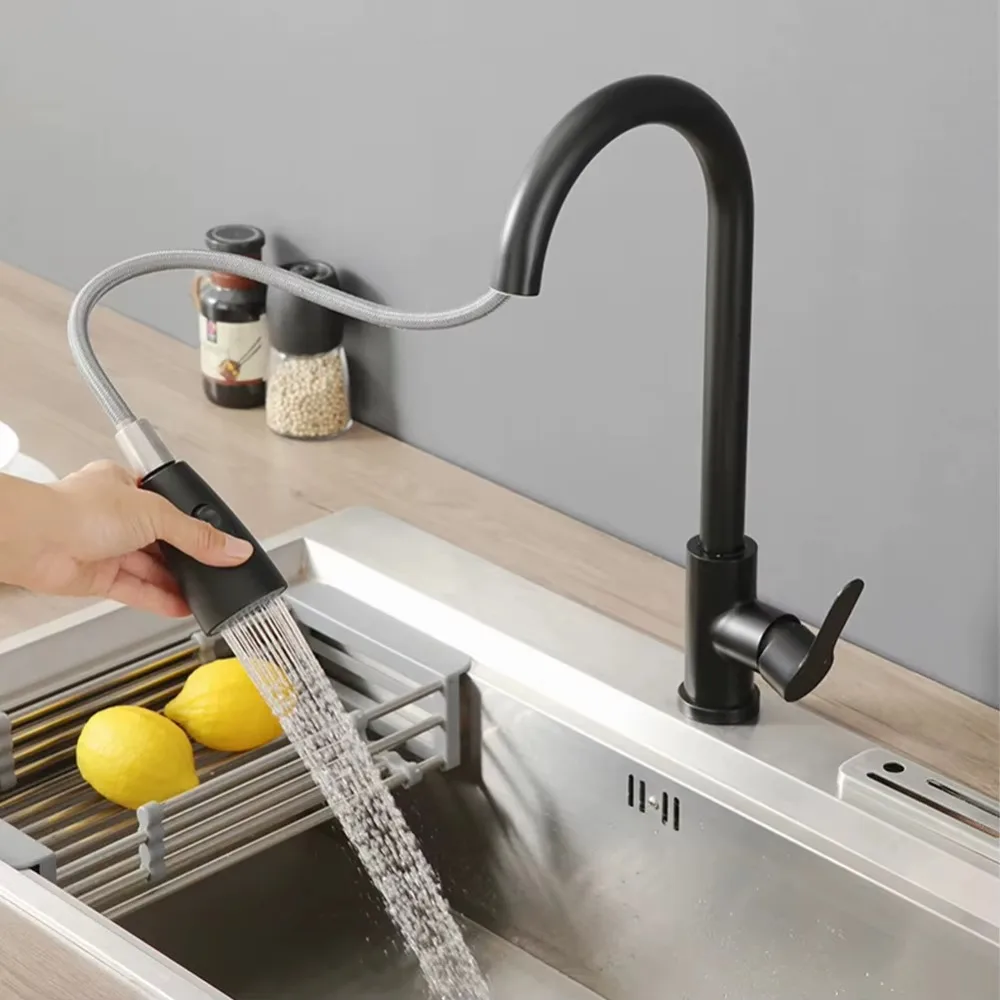 Pull Out Kitchen Faucets Stainless Steel 360° Rotating Kitchen Sink Tap Splash-proof Dual Water Outlet Mode Hot Cold Taps