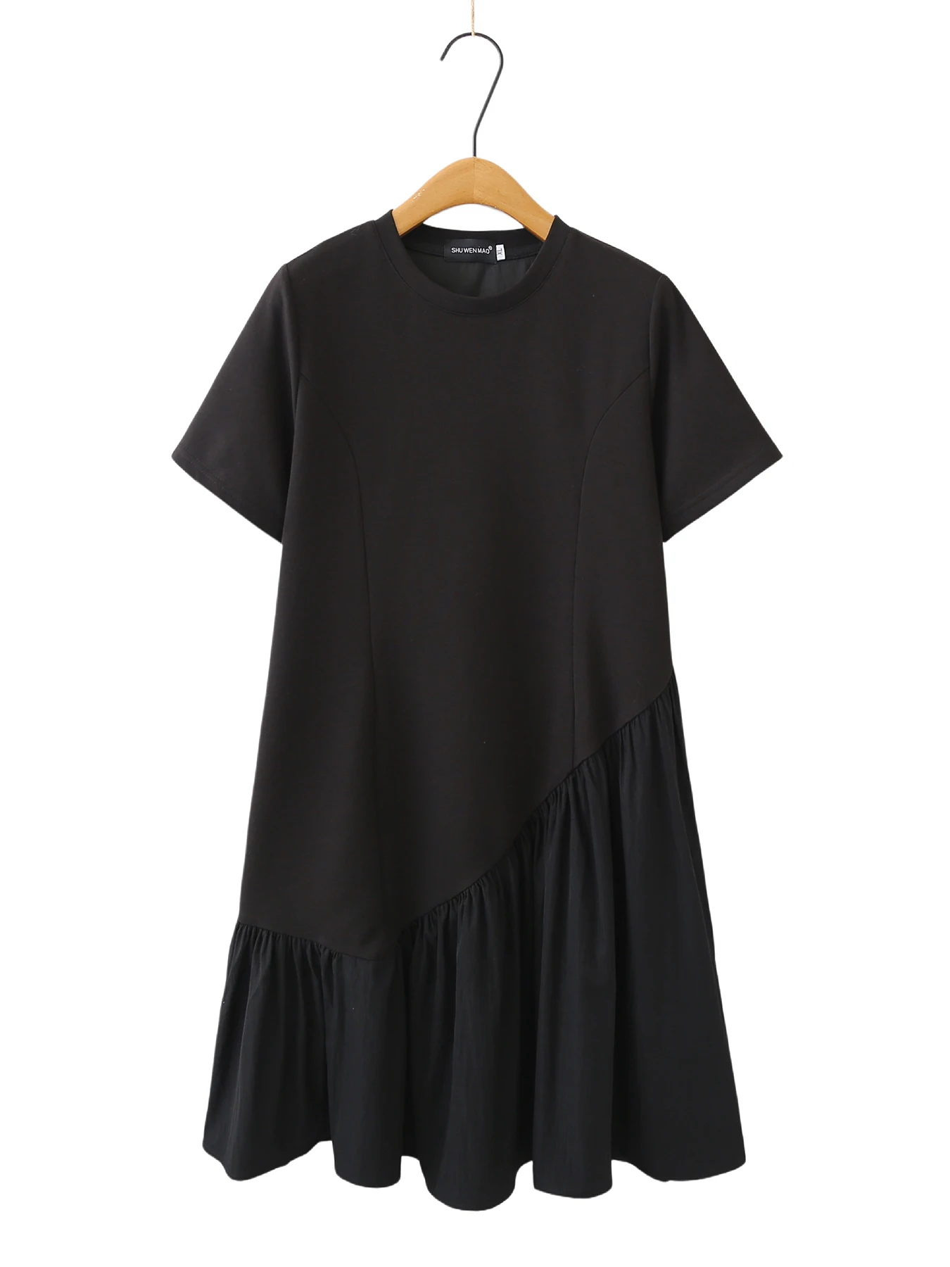 

Minimalist Black Short Sleeve Dress A-Line Skirt Slimming Long Dress Summer Fashion Fake Two-Piece High Waist Polyester Fiber