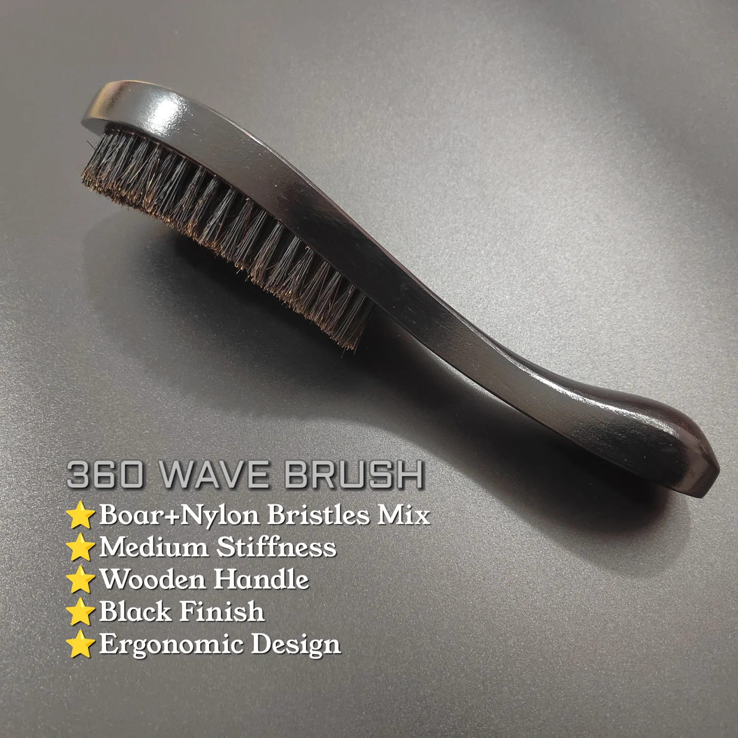 Gracemen 360 Wave Brush for Men Black Wooden Curved Hair Brush Medium Stiffness Nylon + Boar Bristles for Men's 360 Waves