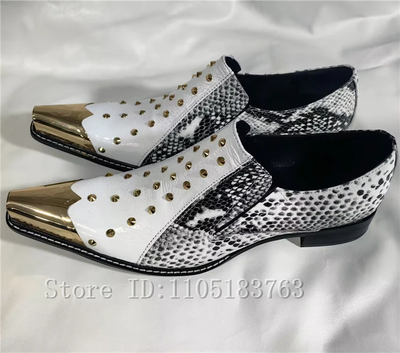 Men Punk Style Studded Snake Print Loafers Genuine Leather Gold Metal Toe Slip On High Heel Casual Shoes
