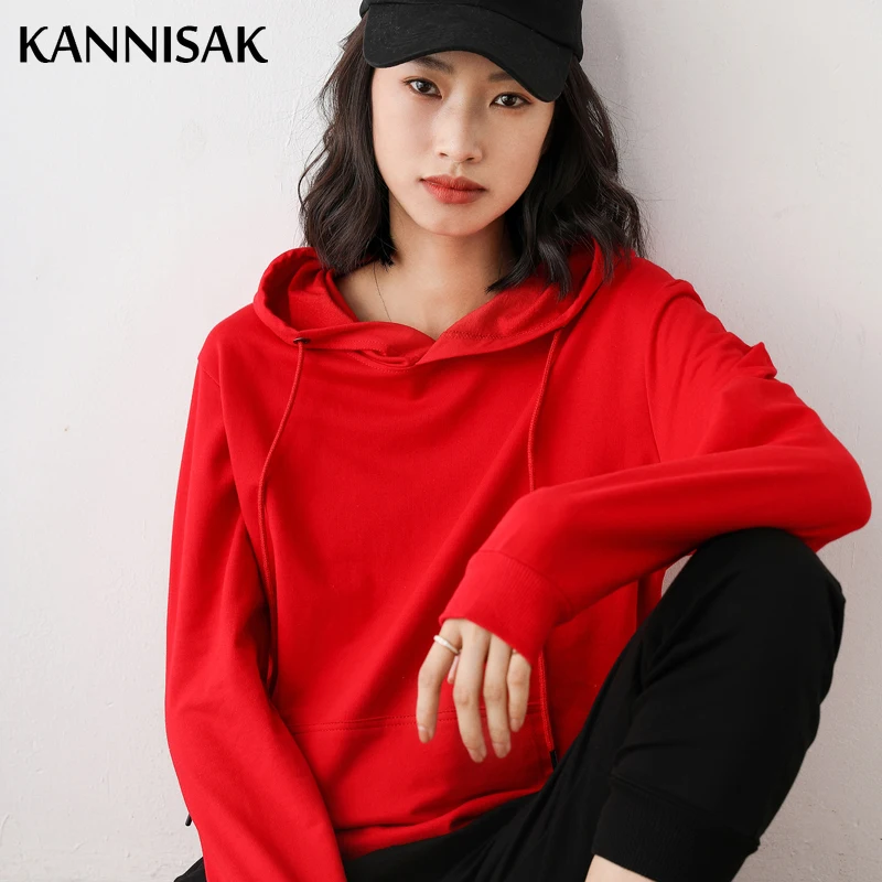 Women Hoodies 100% Cotton Spring Autumn Loose Long Sleeve Pullovers Solid Casual Ladies Outerwear Hooded Hoodie Womens Clothing