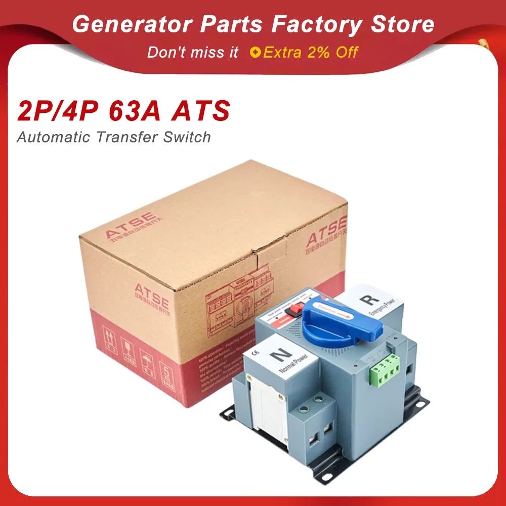 2P/4P 63A ATS Dual Power Automatic Transfer Switch AC230V/400V Electrical Selector Switches 50/60Hz