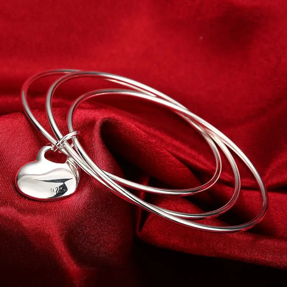 

Hot 925 Sterling Silver Three Circles Hanging Heart Bangle Bracelets For Women Fashion Party Holiday Gifts Girl Student Jewelry