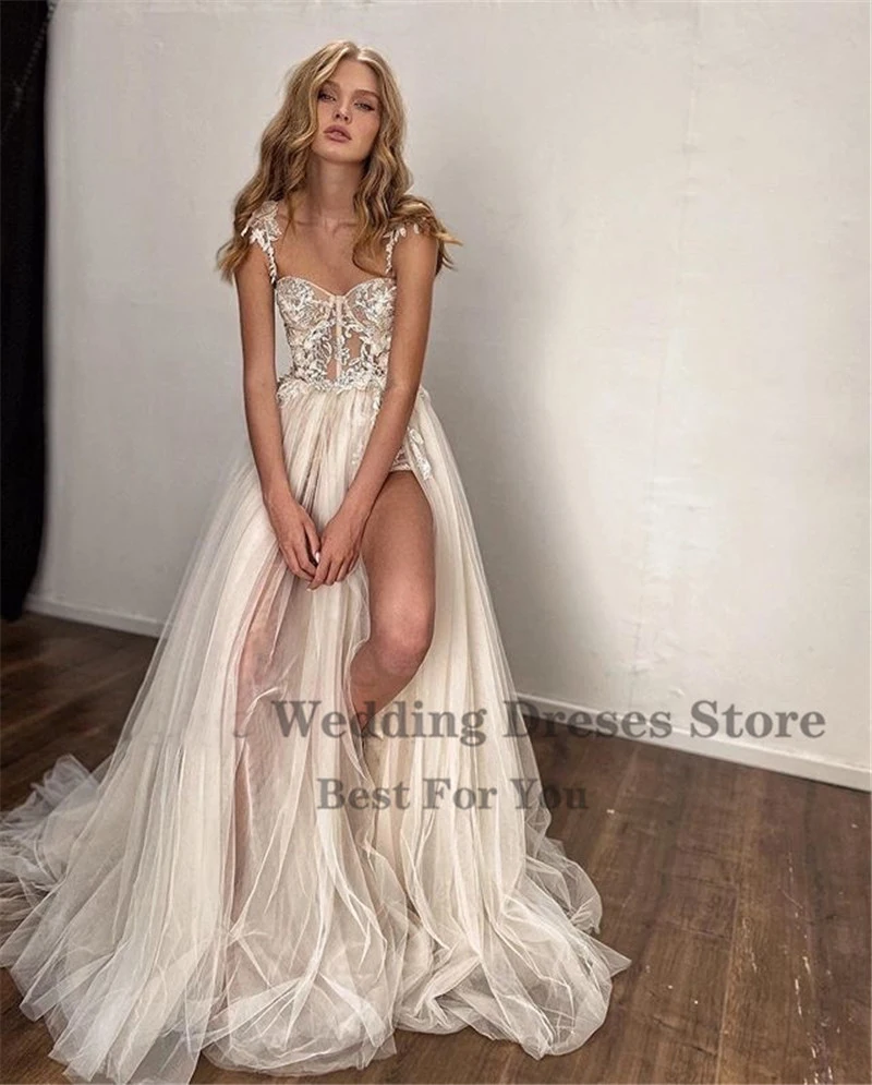 OLOEY 2023 Sexy Beach Lace Wedding Dress Spaghetti Straps Applique Wedding Gowns High Side Slit Bride Dress Vestido de noiva