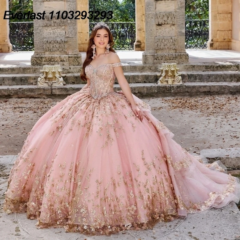 EVLAST-Vestido Quinceanera Azul Brilhante, Laço Floral, Applique Frisado, Lantejoula Ruffles Voltar, Doce 16, TQD277