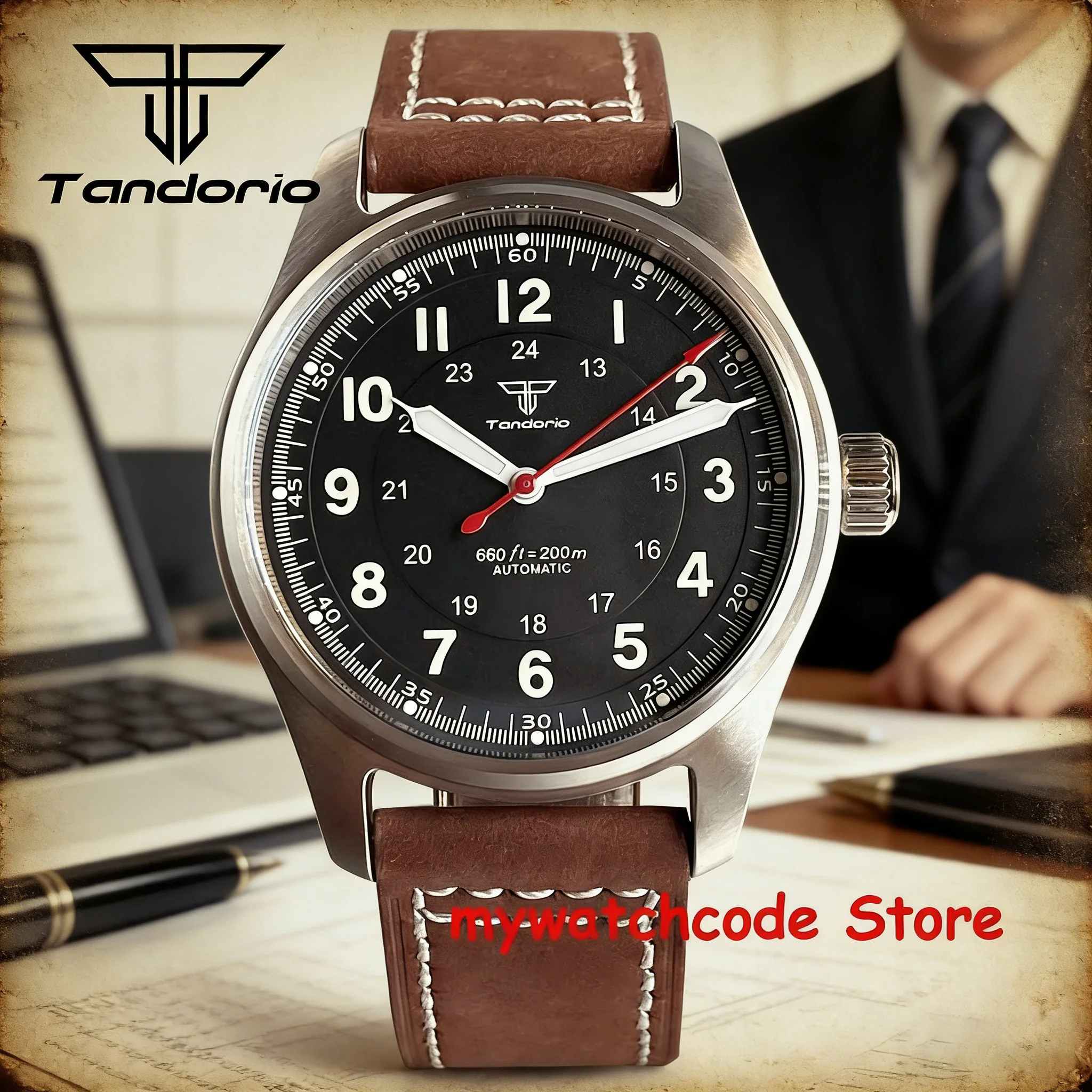 Tandorio New Automatic Miyota8215 Pilot 39mm Diving Watch for Men Mechanical 20BAR Sapphire Glass Wristwatch Luminous Marks