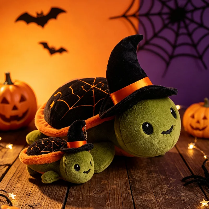 Witch Hat Green Turtle Stuffed Plush Toy Spider Web Pattern Tortoise Shell Cute Animal Doll Halloween Indoor Desktop Ornament