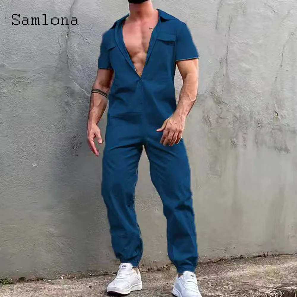 Pantaloni dritti moda uomo Set tuta da tasca con cerniera Sexy tuta da uomo manica corta Casual retrò tute da uomo tutina Cargo